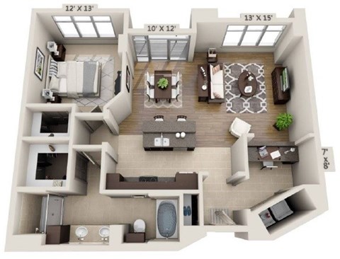 Floor plan for 1 bed, 1 bath, 1067 sqft